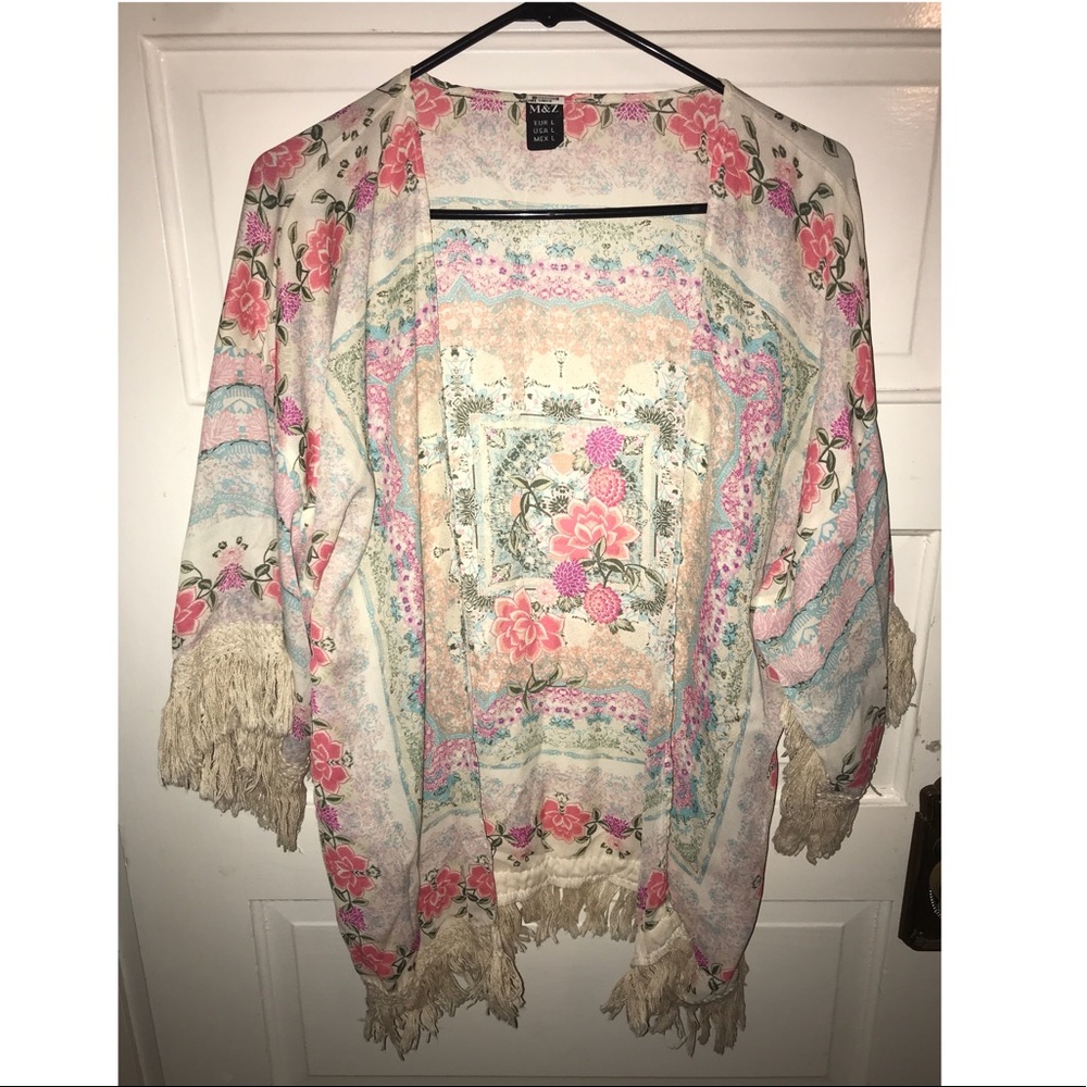 Kimono half sleeve chiffon flower print tassel